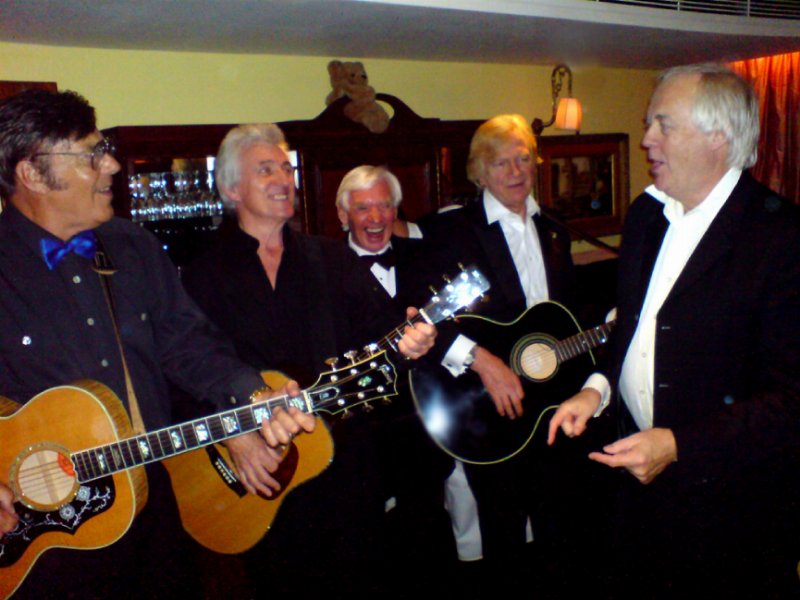 The SODS Supergroup - Marty Wilde, Bruce Welch, King Sod Bill Martin, Justin Hayward and lead singer Sir Tim Rice.
